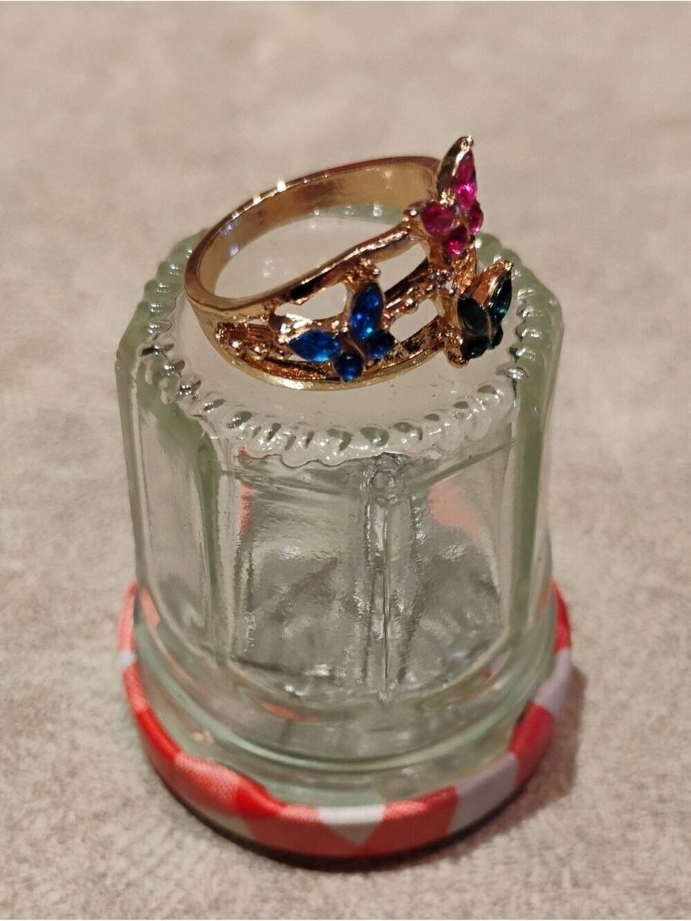 Gold Butterfly Trio Ring with Pink, Blue, and Green Stones - Picture 2 of 3